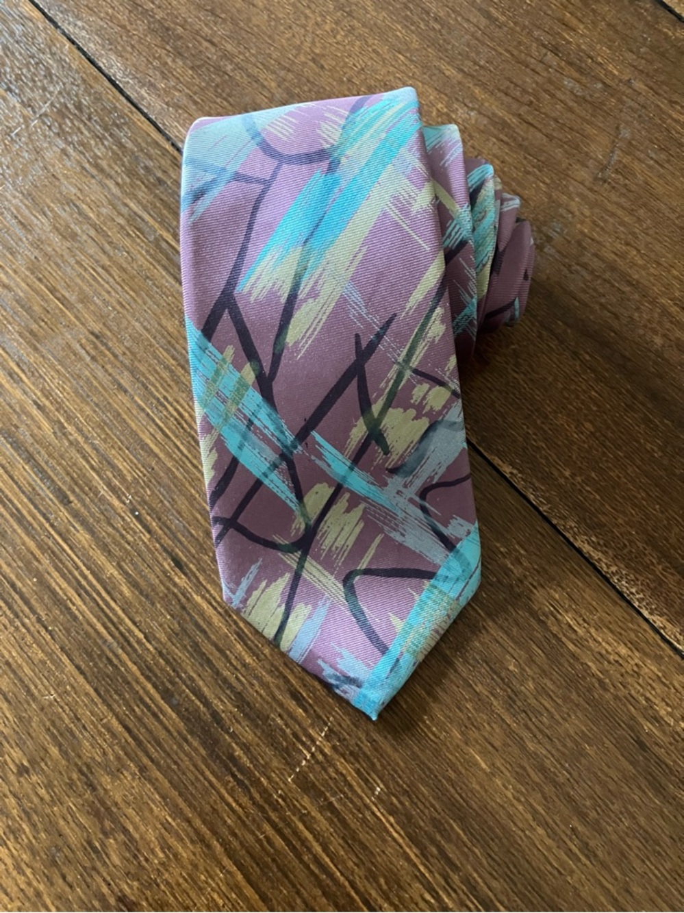 Vintage Lanvin Lilac, Tuquoise and Yellow Brushstroke Pattern Tie - Picture 6 of 6